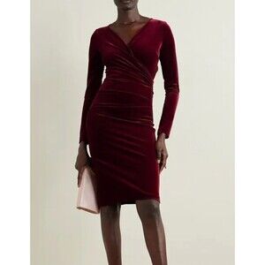 Talbot Runhof Wrap Effect Velvet Dress Deep Red Long Sleeve Knee Length Size 2